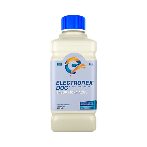 Botella de Electrodex sabor mora azul, bebida con electrolitos para hidratar perros en días calurosos o tras ejercicio