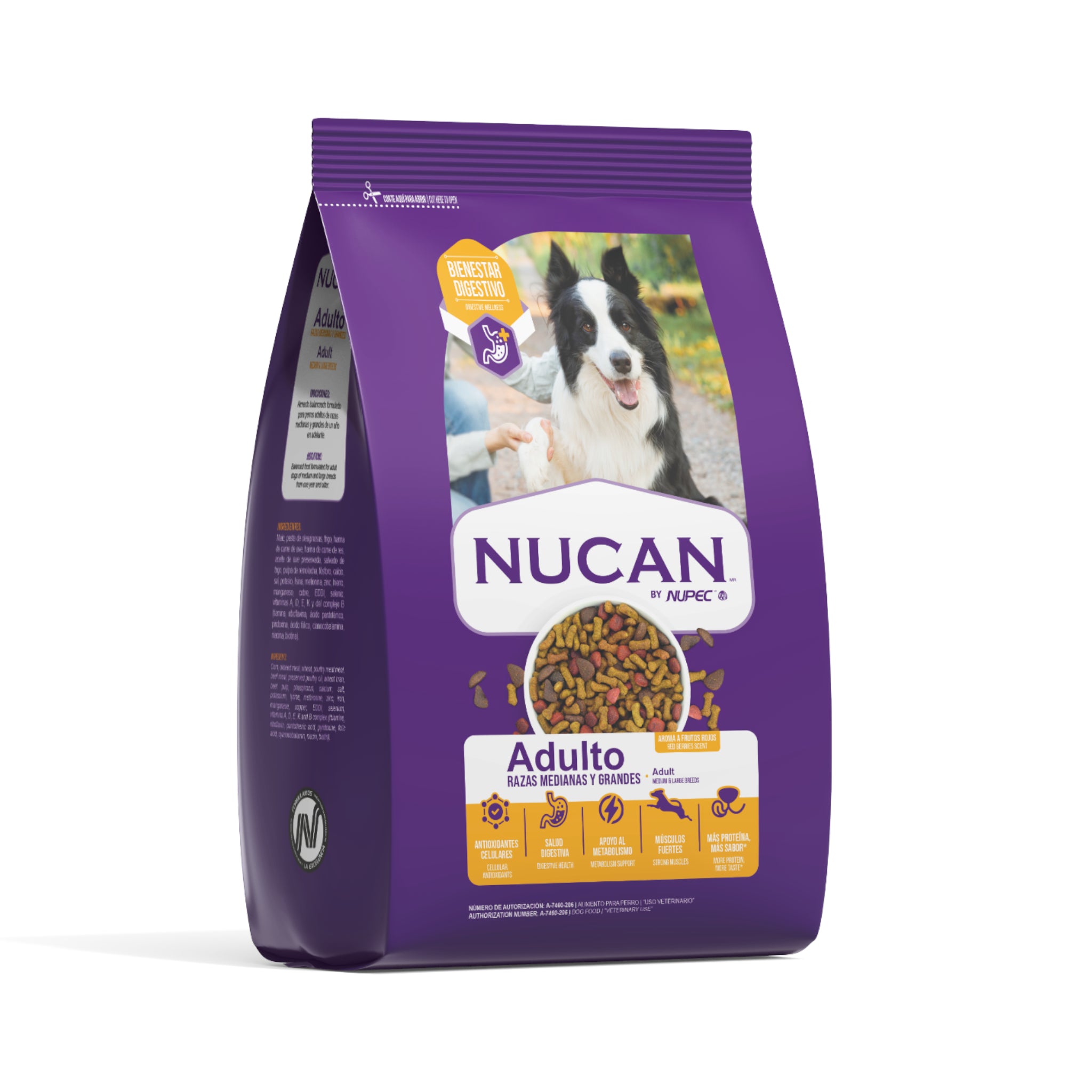 frontal del saco de alimento Nucan Adulto para perros, destacando los beneficios en salud digestiva y metabolismo energético.