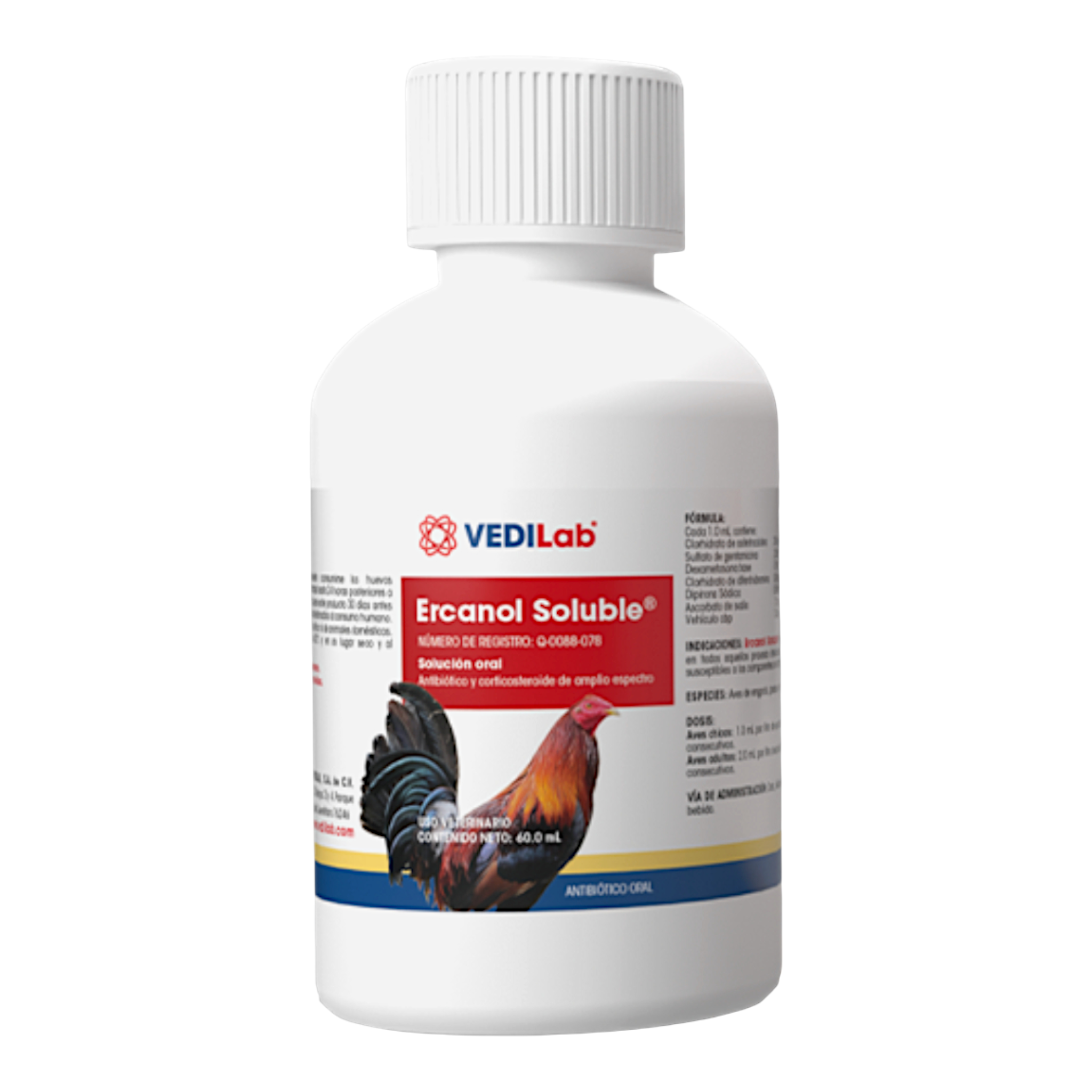 rasco de 60 mL de Ercanol Soluble, solución oral para pollos, gallinas y gallos, con antibióticos y vitamina C para fortalecer las defensas.