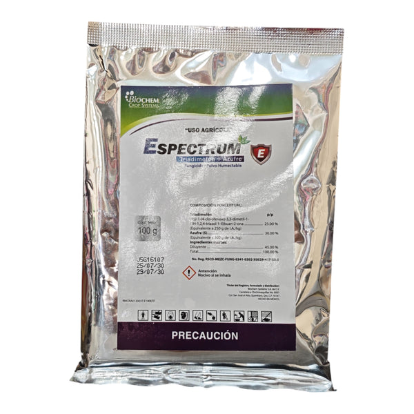 Sobre del fungicida ESPECTRUM con triadimefón y azufre para controlar oídio, roya y septoriosis en hortalizas, frutales, ornamentales y cereales.