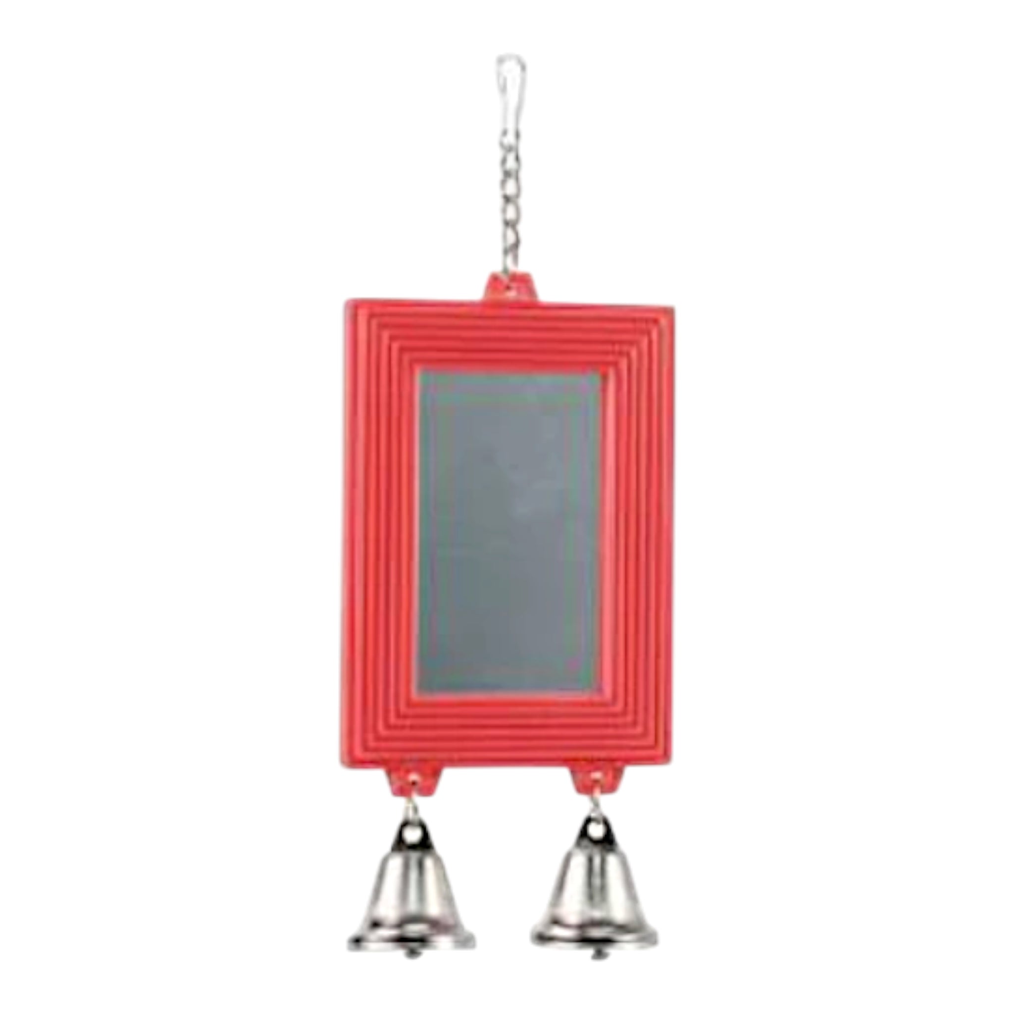 Espejo con campanitas rojo para aves pequeñas, colgante para jaula.
