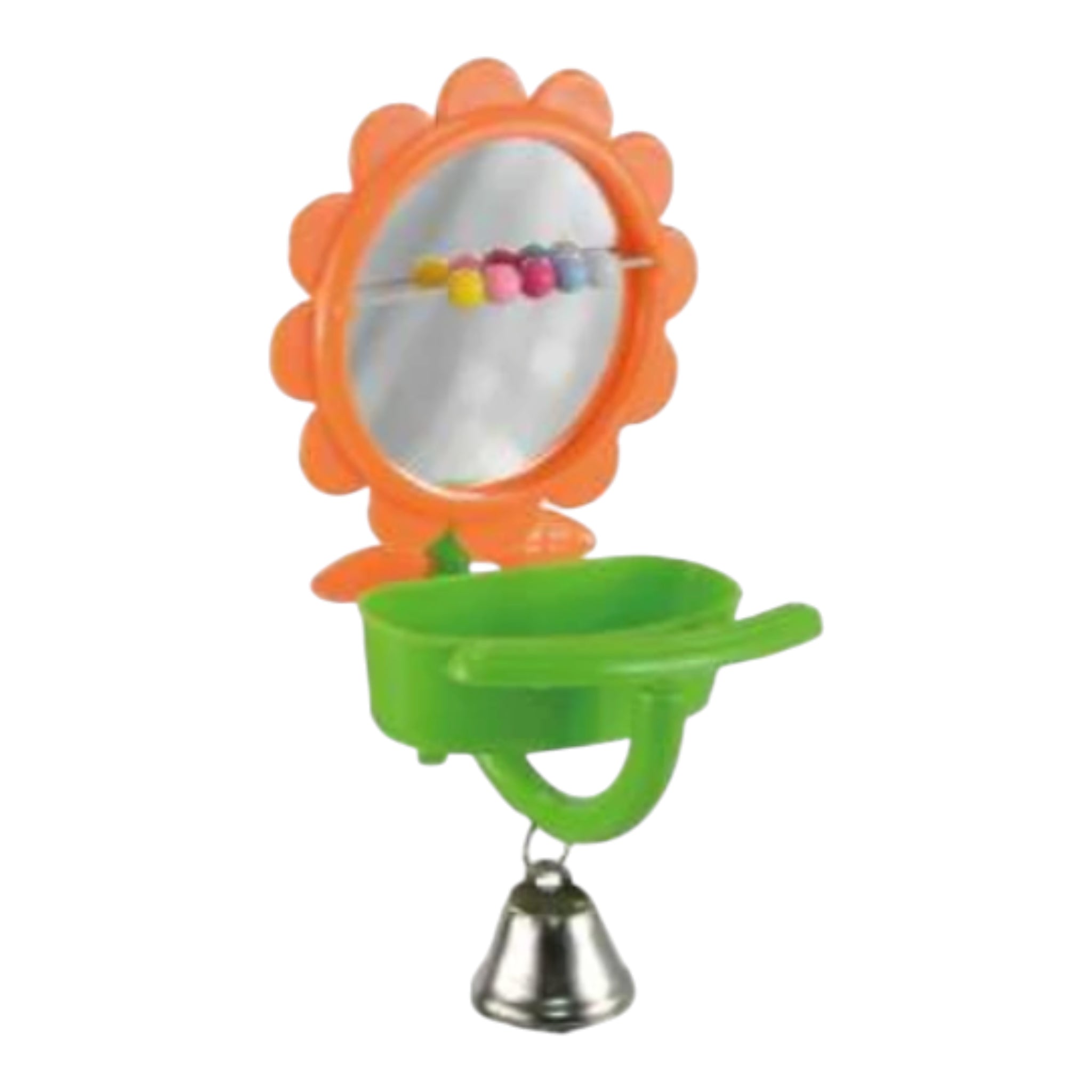 Juguete para aves con espejo en forma de flor, comedero verde, cuentas móviles y campanita colgante. Ideal para periquitos y agapornis.