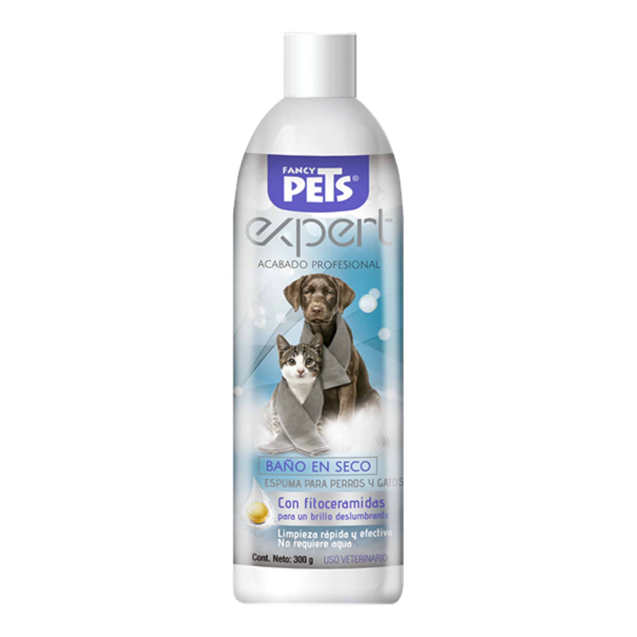 Botella de 300g de Espuma Expert Fancy Pets para baño en seco, formulada con fitoceramidas para limpieza profunda en perros y gatos.