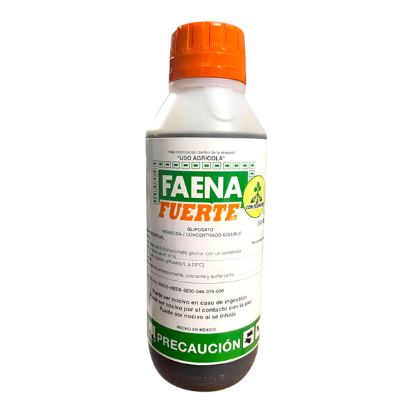 Envase de Faena Fuerte 360 herbicida agrícola con Glifosato y tecnología Transorb para control rápido y eficaz de malezas en cultivos de maíz, sorgo, soya y cítricos.