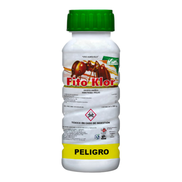 envase de Fito Klor insecticida agrícola en polvo con Paratión Metílico 3%, ideal para controlar gusanos, trozadores y pulgones en cultivos y hortalizas.