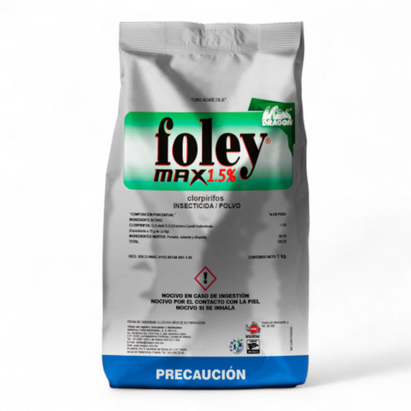Envase de Foley Max 1.5% insecticida agrícola en polvo con Clorpirifos para control de gallina ciega, gusano de alambre y gusano trozador en cultivos agrícolas.