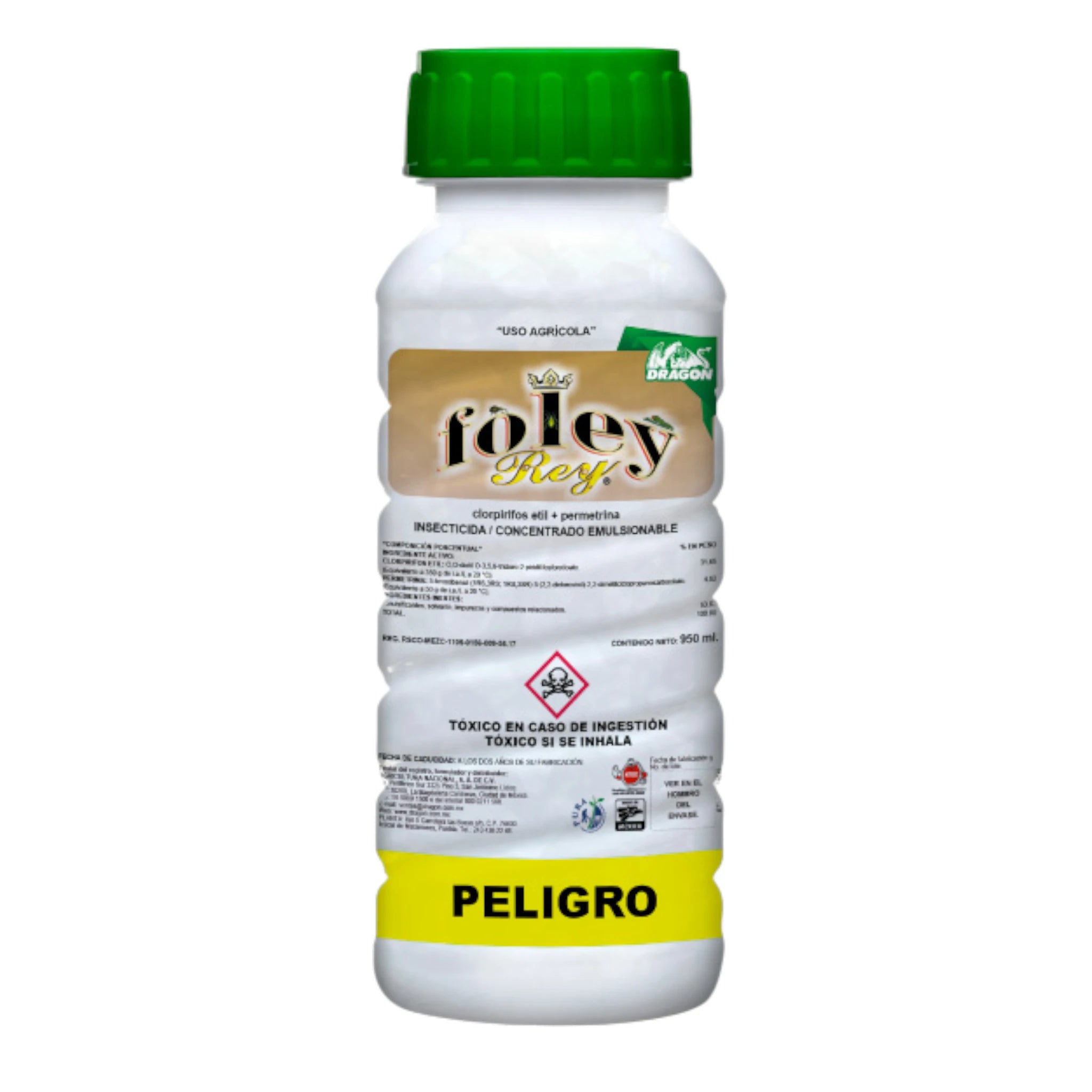 Envase de Foley Rey insecticida agrícola con Clorpirifos Etil y Permetrina para control de plagas en maíz, chile, jitomate y sorgo.