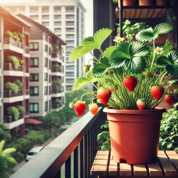 Planta de fresas creciendo en una maceta sobre el balcón de un departamento con luz natural