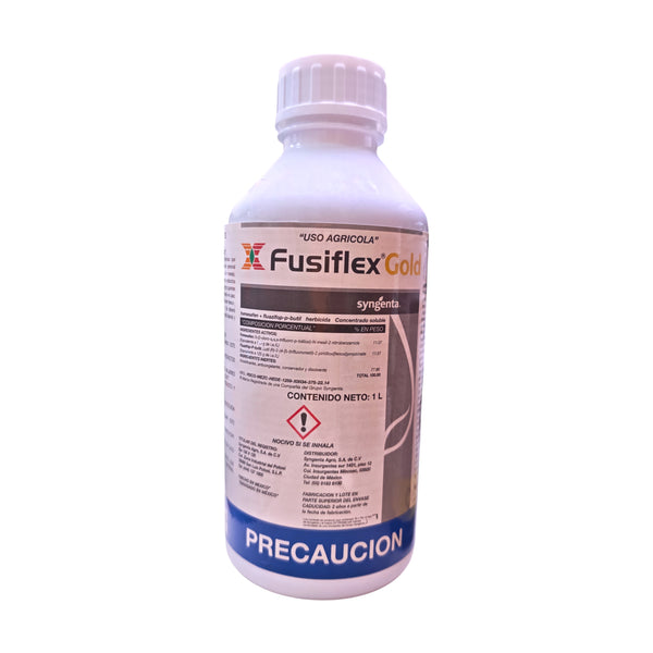 Envase del herbicida Fusiflex Gold con fomesafen y fluazifop-p-butil para eliminar malezas de hoja ancha y angosta en cultivos de soya y frijol.