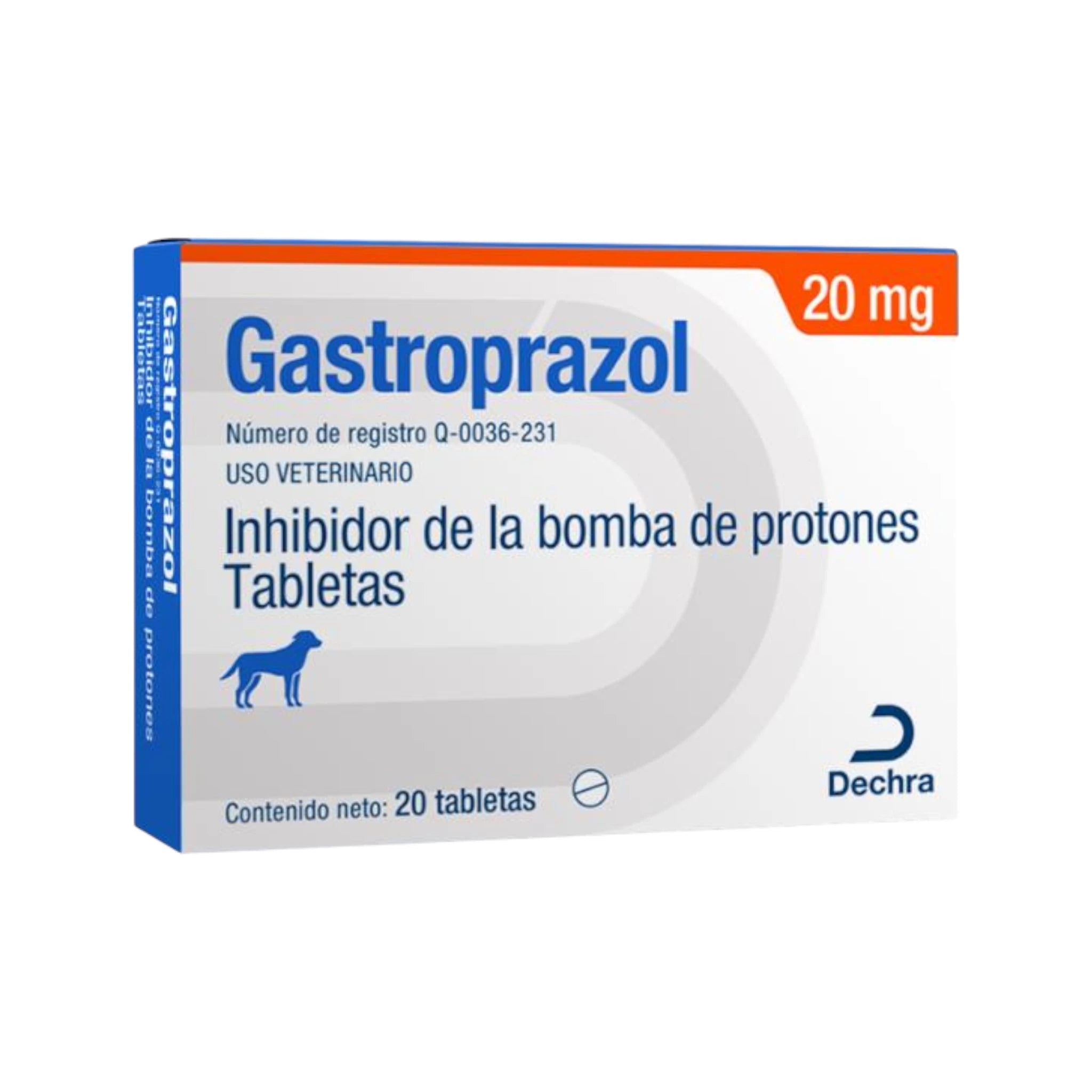 Imagen de la caja del medicamento veterinario Gastroprazol 20mg, indicado para tratar gastritis, úlceras y malestar estomacal en perros