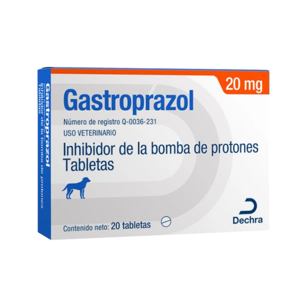 Imagen de la caja del medicamento veterinario Gastroprazol 20mg, indicado para tratar gastritis, úlceras y malestar estomacal en perros