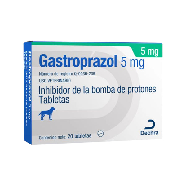 Caja de Gastroprazol 5 mg, medicamento para tratar gastritis y úlceras en perros y gatos.