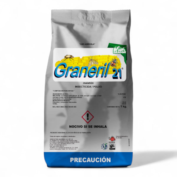 Envase de Graneril 21 insecticida agrícola en polvo con Malation para control de gorgojos, picudos y palomillas en granos almacenados de maíz, trigo, sorgo, cebada y arroz.