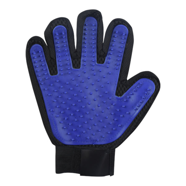 Guante limpiador 2 en 1 azul con puntas suaves para retirar pelo muerto en mascotas