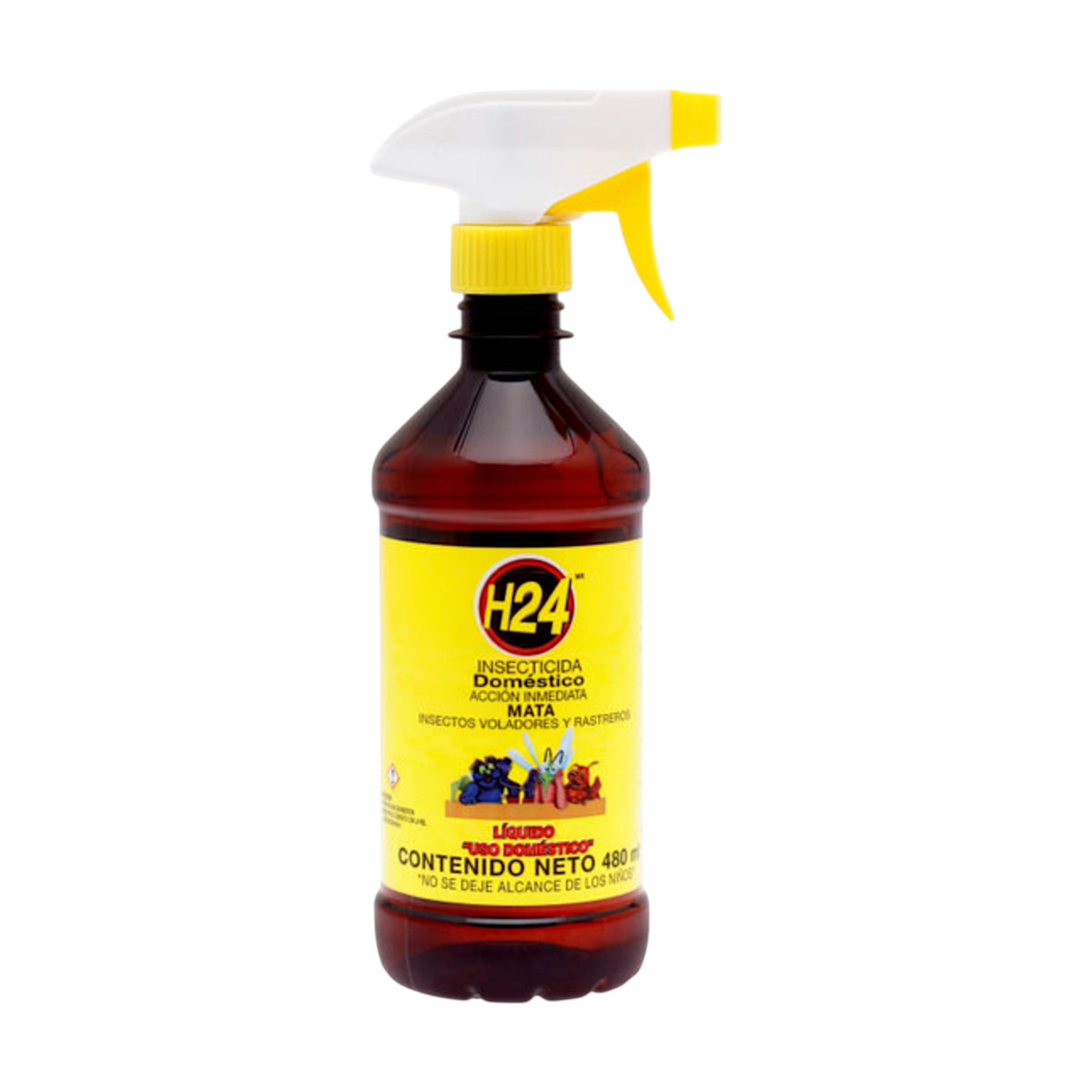 Envase con gatillo de H24 insecticida doméstico líquido, ideal para eliminar moscas, mosquitos, cucarachas y hormigas en el hogar.
