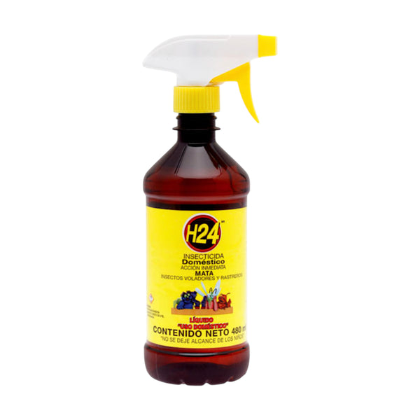 Envase con gatillo de H24 insecticida doméstico líquido, ideal para eliminar moscas, mosquitos, cucarachas y hormigas en el hogar.