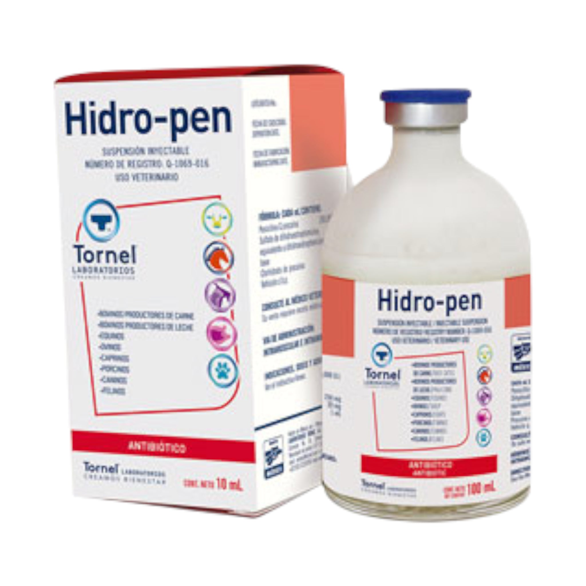 Caja y frasco de Hidro-pen, antibiótico inyectable de amplio espectro para uso veterinario en varias especies.
