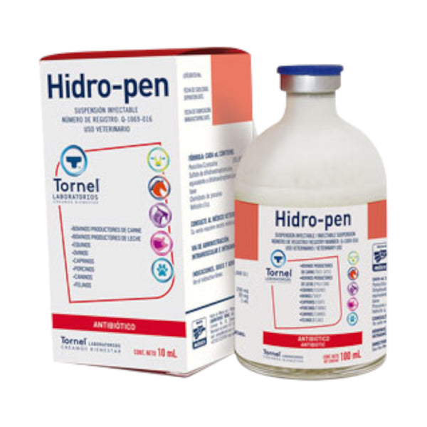 Caja y frasco de Hidro-pen, antibiótico inyectable de amplio espectro para uso veterinario en varias especies.