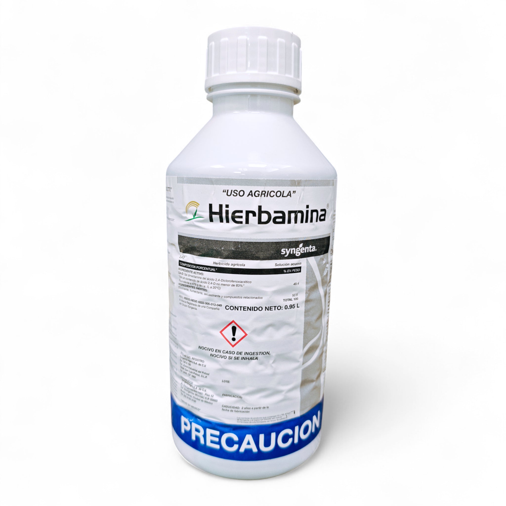 Envase de Hierbamina herbicida agrícola con 2,4-D para control de malezas de hoja ancha como quelite, verdolaga y gigantón en cultivos de maíz, sorgo, trigo y caña de azúcar.