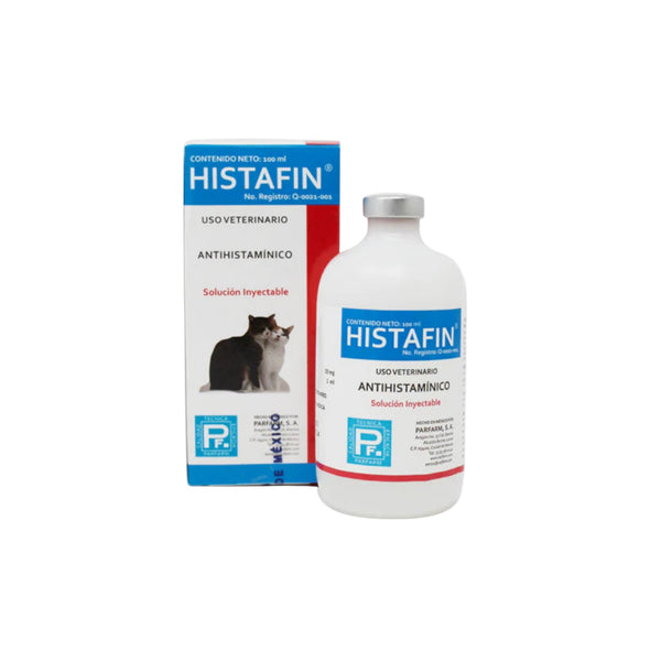Envase de Histafin antihistamínico inyectable para perros, gatos, caballos, bovinos y más, con difenhidramina para aliviar alergias y espasmos