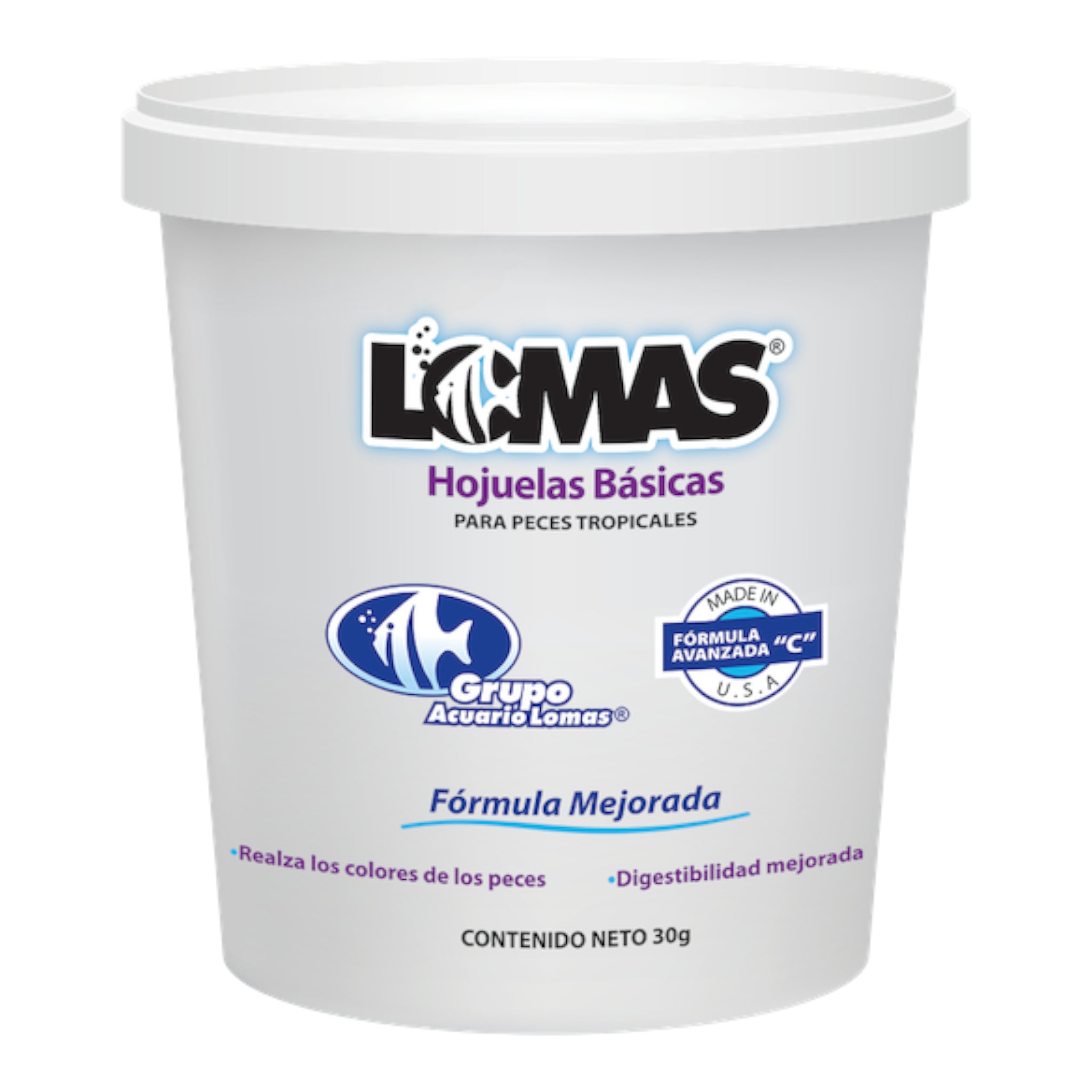 Bote de 120g de hojuelas básicas Lomas para peces tropicales con 20% de producto gratis y fórmula mejorada para realzar colores.