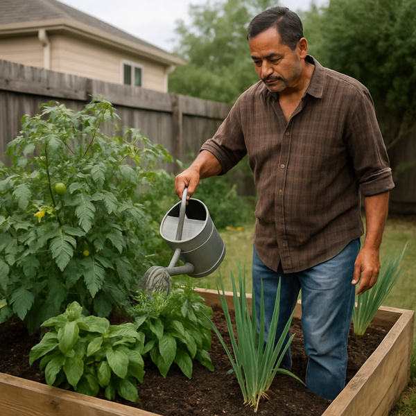Huerto casero de traspatio con caja de cultivo donde crecen jitomate, albahaca y cebolla, mientras un hombre mayor riega las plantas con regadera.