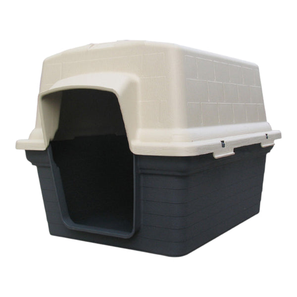 Iglu termico para perro mediano color beige y gris, visto de frente en fondo blanco.