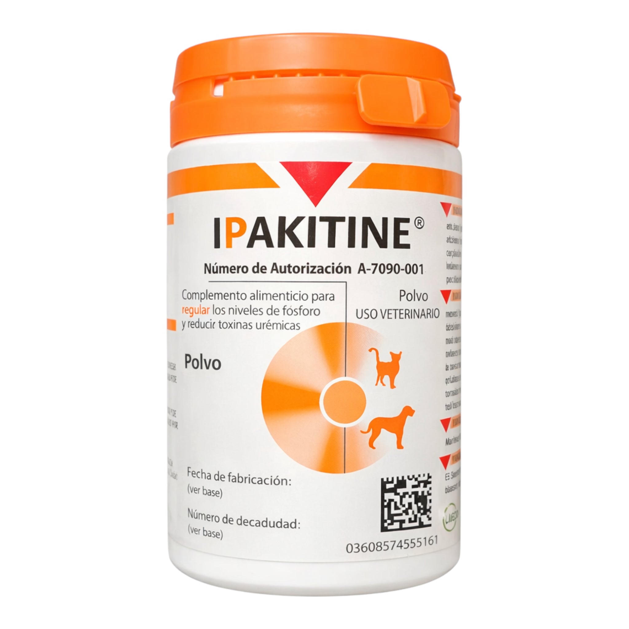 Bote de Ipaktine complemento alimenticio en polvo para el soporte de la función renal en perros y gatos con enfermedad crónica.