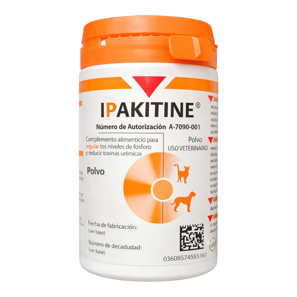 Bote de Ipaktine complemento alimenticio en polvo para el soporte de la función renal en perros y gatos con enfermedad crónica.