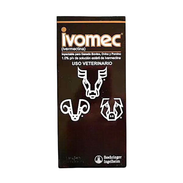 Caja de Ivomec Inyectable de 50 ml, desparasitante con ivermectina al 1% para ganado bovino, porcino y ovino.