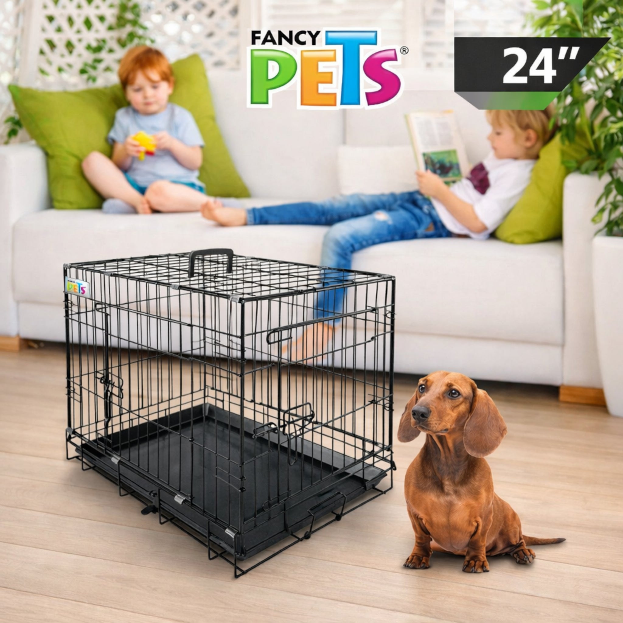 Jaula transportadora metálica de 24 pulgadas en una sala junto a un perro salchicha, ideal para descanso y entrenamiento en el hogar.