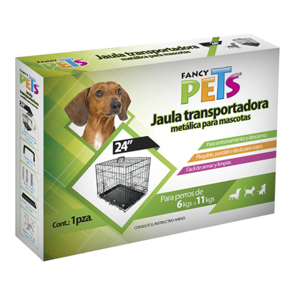 Caja de jaula transportadora metálica Fancy Pets de 24 pulgadas para perros de 6 a 11 kg, plegable y con doble puerta.