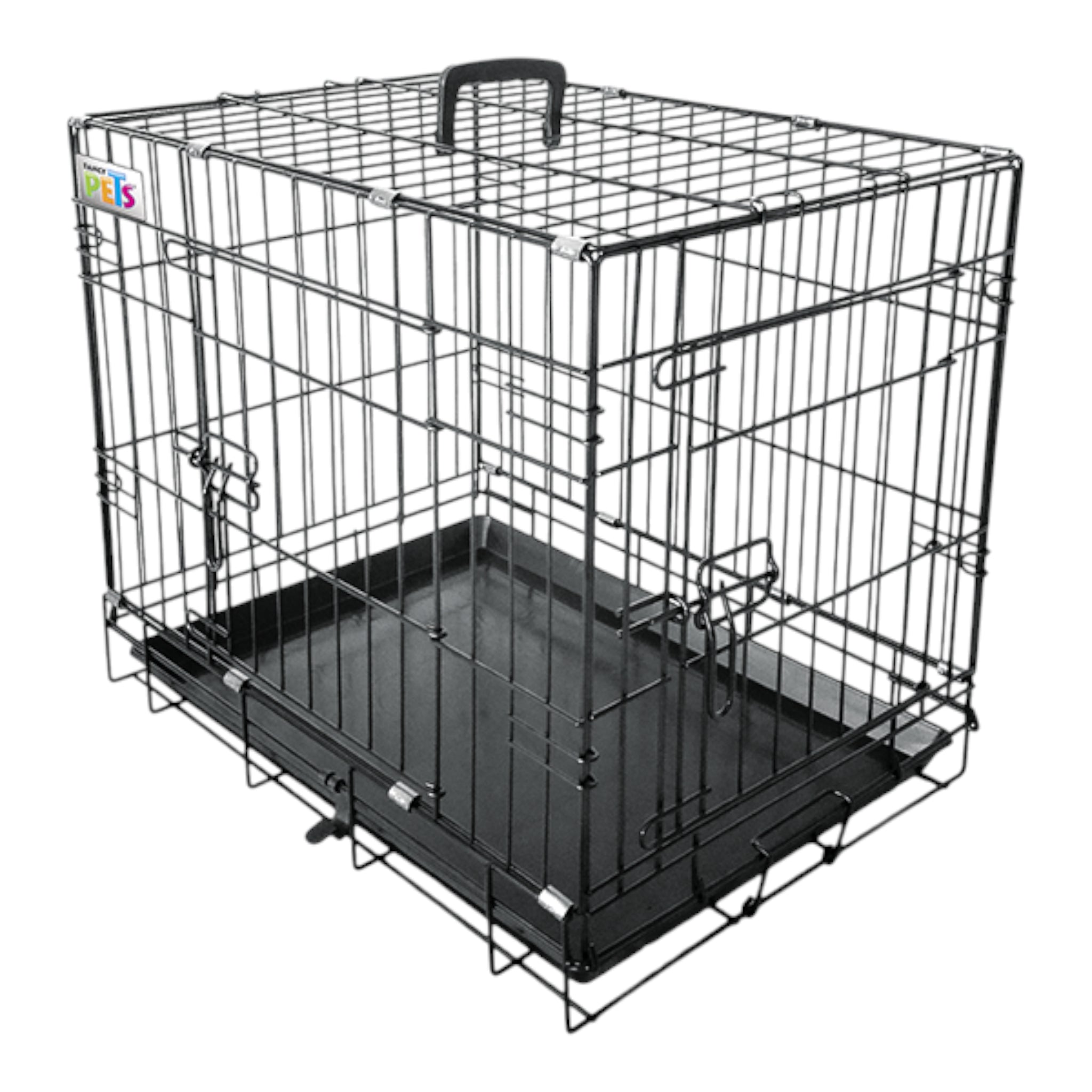 Jaula metálica negra de 61 cm con doble puerta abierta, bandeja extraíble y asa de transporte para mascotas pequeñas.