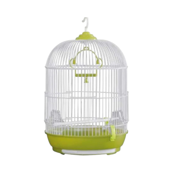 Jaula Avy Box redonda para aves pequeñas, color blanco con base verde, incluye comederos, columpio, perchas y asa superior para colgar.