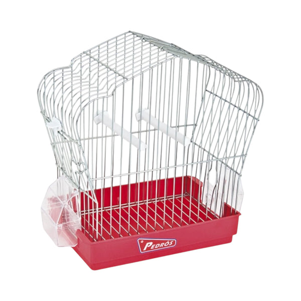 Jaula Export 2 marca Pedrós con base roja y estructura metálica, incluye comederos externos, perchas de plástico y charola desmontable para aves pequeñas y medianas.