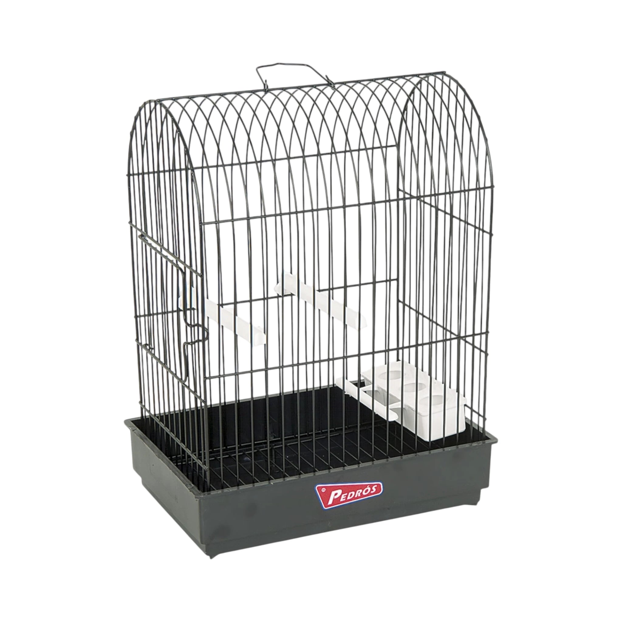 Jaula Marina Pedrós color negro con base plástica, incluye comedero, perchas y bandeja extraíble, ideal para transporte y estancias temporales de canarios.