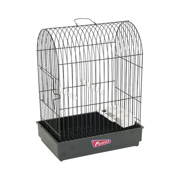 Jaula Marina Pedrós color negro con base plástica, incluye comedero, perchas y bandeja extraíble, ideal para transporte y estancias temporales de canarios.