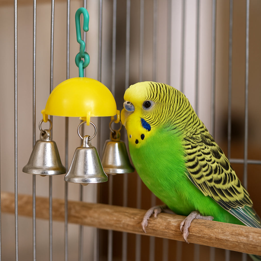 Juguete de 3 Campanitas t colgado en una jaula para aves pequeñas.