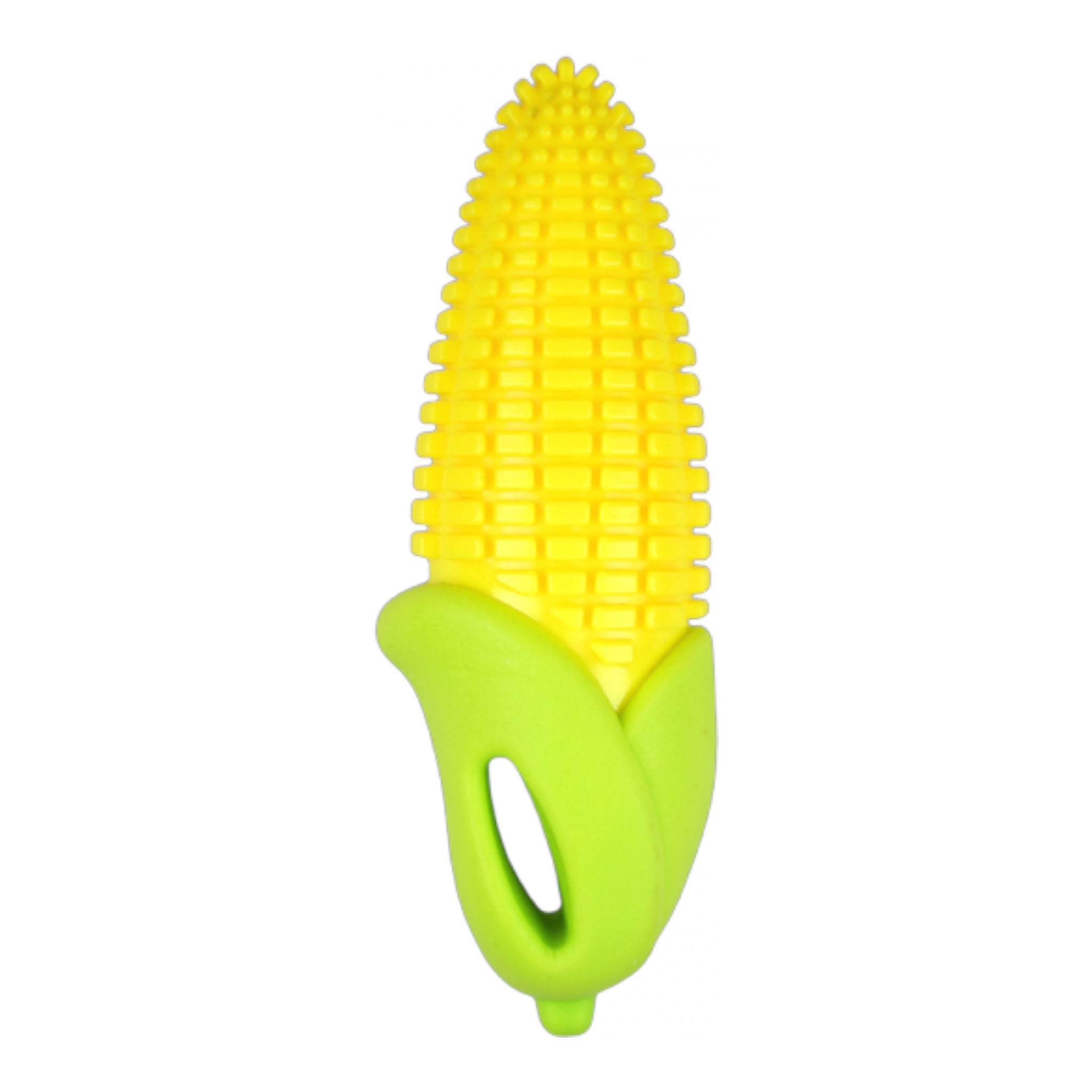 Juguete de maíz para perros en vista frontal, textura dental y aroma estimulante