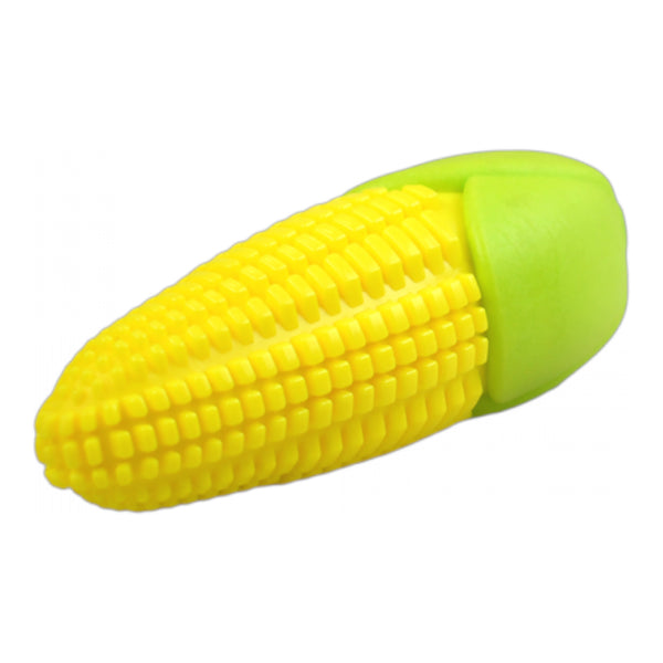 Juguete de maíz para perros con textura dental y aroma a palomitas en vista lateral