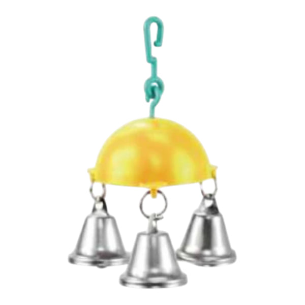 Juguete colgante para aves con tres campanas metálicas y gancho para jaula.
