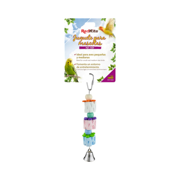 Juguete colgante RedKite con bloques de calcio y campana para aves pequeñas y medianas dentro de su jaula.