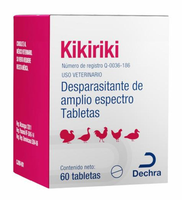 Envase de Kikiriki, desparasitante oral en tabletas para aves de corral como gallinas, guajolotes y patos, con ivermectina, fenbendazol y prazicuantel