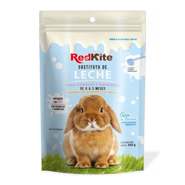 Empaque de sustituto de leche RedKite para conejos y roedores de 360g, ideal para crías huérfanas o destetadas.
