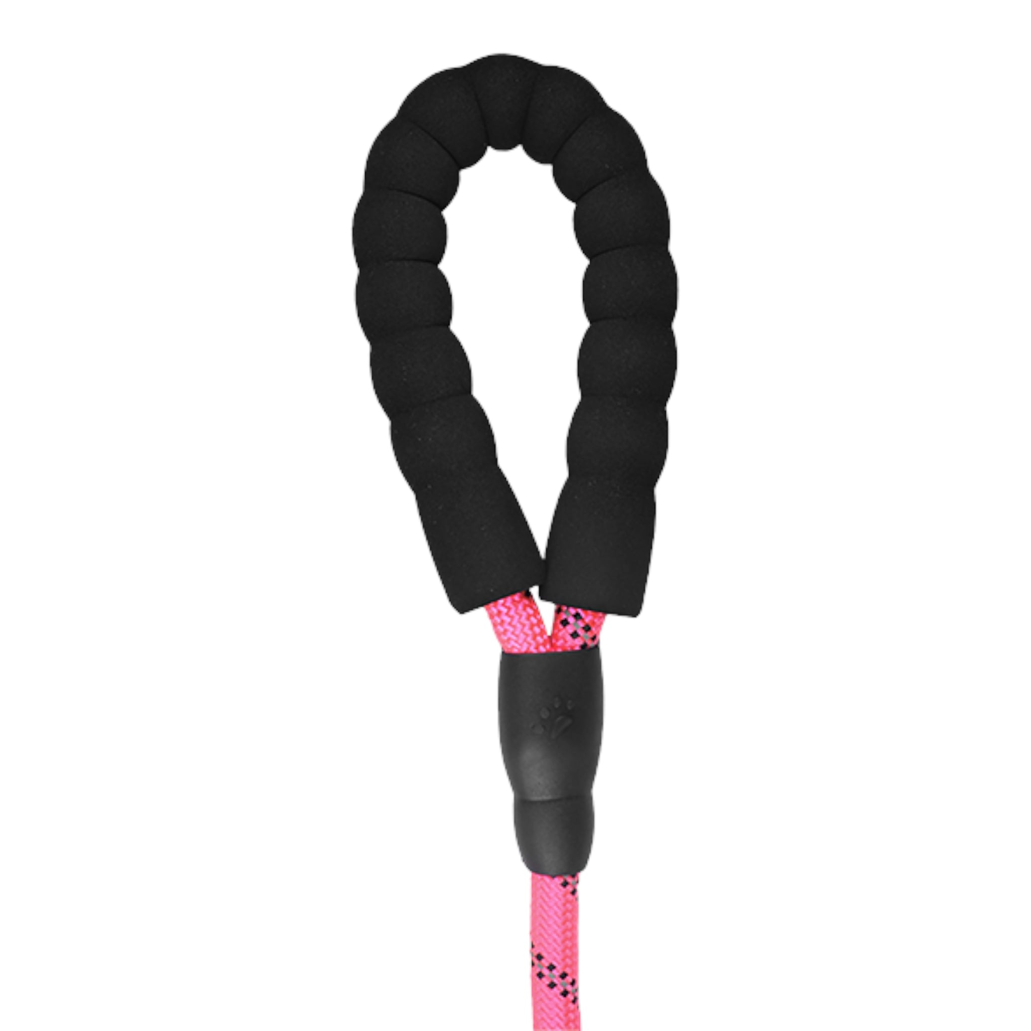 Acercamiento al mango ergonómico acolchado de color negro en la correa rosa, diseñado para proteger las manos del dueño.