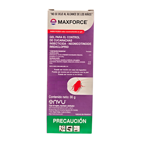 Caja de Maxforce insecticida cucarachicida en gel con imidacloprid, ideal para eliminar cucarachas en cocinas y áreas domésticas.