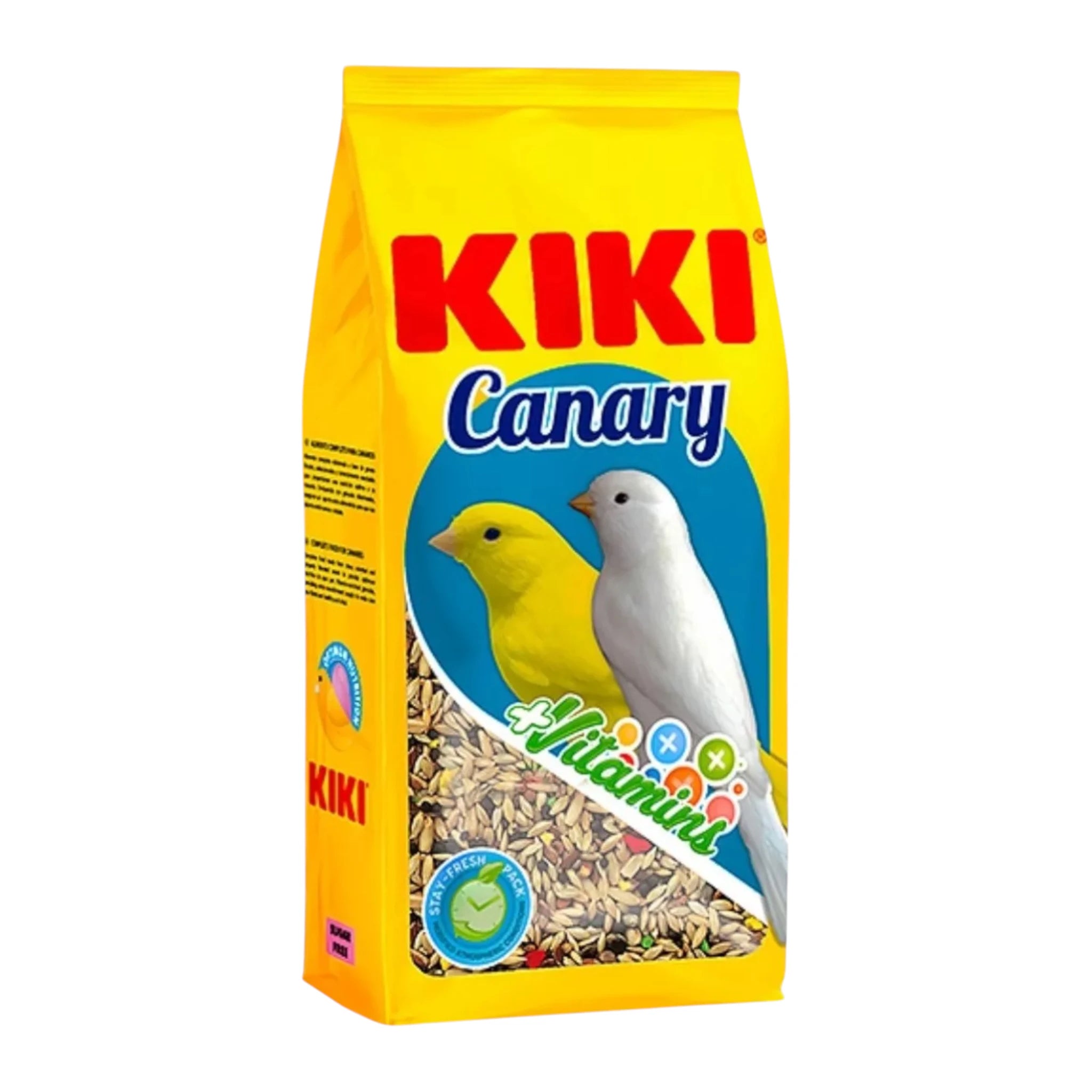 Bolsa de mix de semillas vitaminadas Kiki para canarios con alpiste, avena, linaza y otros granos nutritivos.