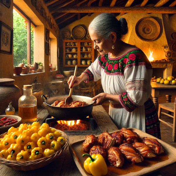 imagen realista de una mujer cocinando con chiles habaneros manzano