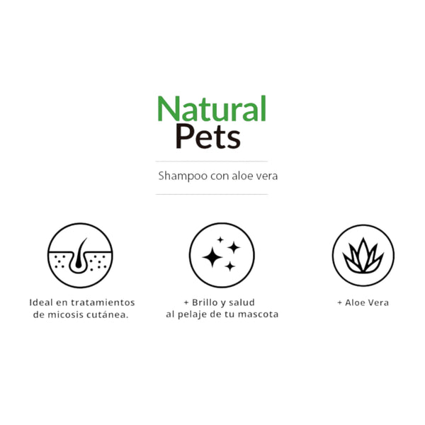 Imagen ilustrativa de los beneficios de Natural Pets con aloe vera para perros, gatos y caballos. Ideal para micosis cutánea, mejora el brillo del pelaje y contiene aloe vera como ingrediente principal.