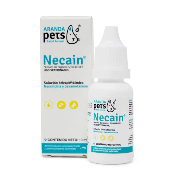 Frasco de Necain 10 ml para tratamiento de ojos y oídos en perros y gatos